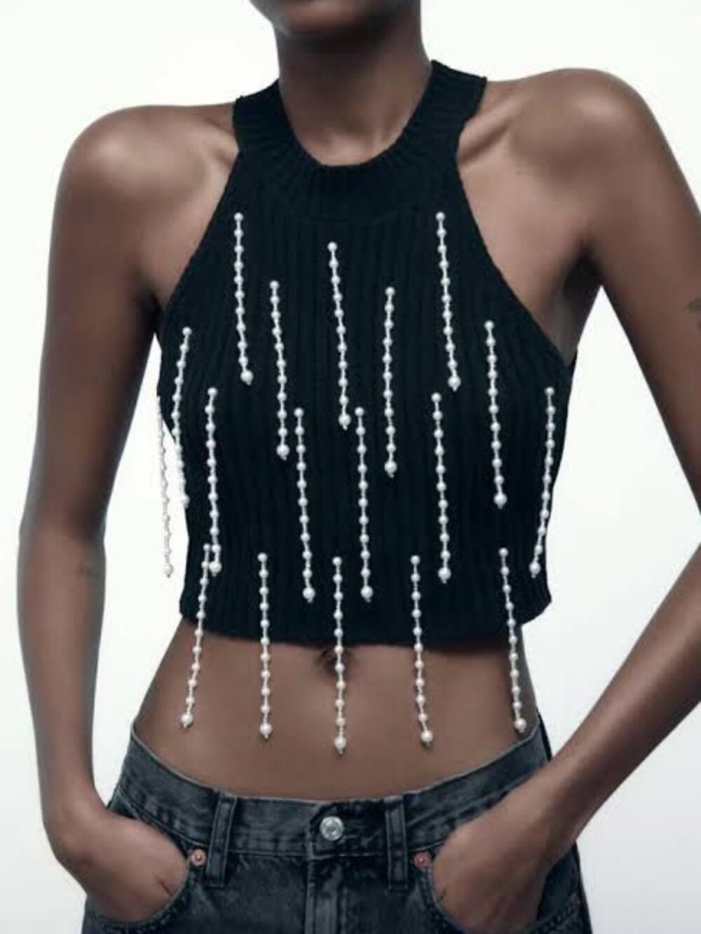 ZARA CHENILLE Dangling PEARL KNIT TOP black NWT S